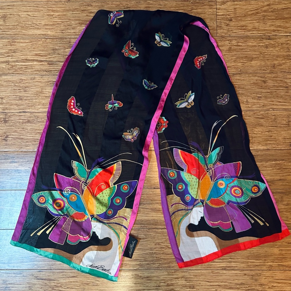 Vintage Laurel Burch 100% Silk Scarf Multicolor Butterfly Long Designer Wrap - Picture 11 of 16